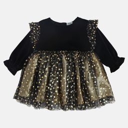 MINI KLUB Cotton Full Peasant Sleeves Foil Stars Printed Dress - Black-image-2