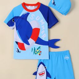 Mark & Mia Half Sleeves Two Piece Swimsuit With Fish Print & Cap - Blue-image-26