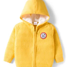 Babyhug Knit Full Sleeves Front Open Hooded Sweater with Football Patch - Yellow-picture-22