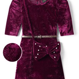 Hola Bonita Knit Three Fourth Sleeves Velvet Solid Party Dress With Sling Bag & Belt - Wine-image-114