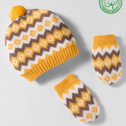 Babyhug Organic Cotton Woollen Knit Cap & Mittens Set with Fair Isle Design Mustard - Diameter 17 cm-picture-13