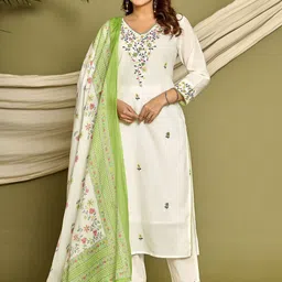 IkDaiya Women Solid Embroidered Cotton Kurta with Trousers & Dupatta-picture-34