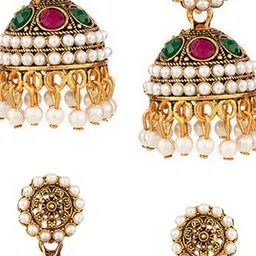 aadita Set Of 3 Silver-Plated Artificial Stones Studded & Beaded Dome Shaped Jhumkas image 5