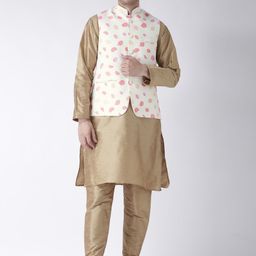 Hangup Men Beige Solid Kurta with Pyjamas-image-1