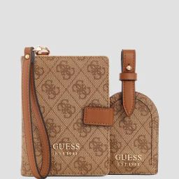Guess Latte Logo Brown Printed Orlina Passport Case With Luggage Tag-10