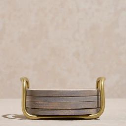 Westside Home Brown Striped Wooden Coasters with Stand ( Set of 4) image 2