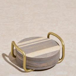 Westside Home Brown Striped Wooden Coasters with Stand ( Set of 4)-97
