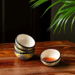 ExclusiveLane 'Californian Sunflowers' Bright Yellow & White Ceramic Chutney & Dip Bowl - Set of 4-10
