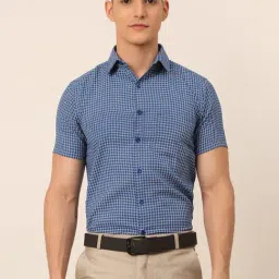 Jainish Blue Cotton Regular Fit Checks Shirt-image-50