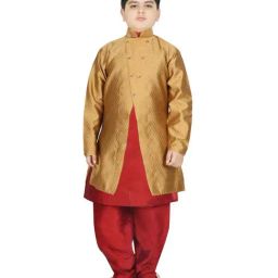 SG Yuvraj Kids Gold & Maroon Textured Pattern Full Sleeves Kurta Set-image-38