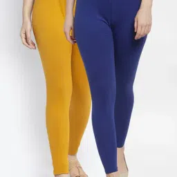 Gracit Blue & Mustard Mid Rise Leggings - Pack Of 2-image-9