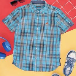 Pantaloons Junior Kids Atoll Blue Cotton Chequered Shirt-image-10