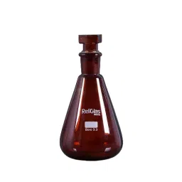 RELIGLAS 100 ml Amber Conical Narrow Mouth Flasks With Interchangeable Stopper, 02.316.15-32