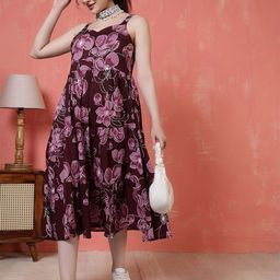 Nayo Floral Print Shoulder Straps Tiered Cotton Fit & Flare Midi Dress-image-91