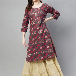 Aarika Grey Cotton Floral Print Straight Kurta-image-8