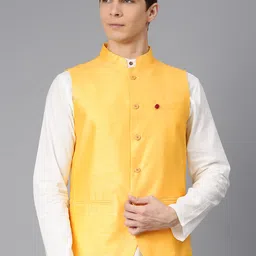 Freehand by The Indian Garage Co Men Yellow Solid Nehru Jacket-19