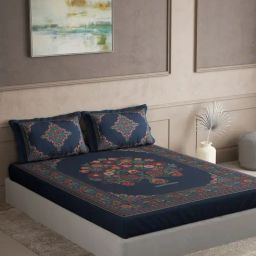 DDECOR Live beautiful Blue Cotton Ethnic 145 TC Double Flat Bedsheet with 2 Pillow Covers-image-78