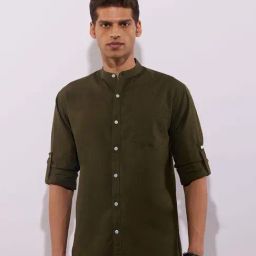 Hoversoul Green Cotton Regular Fit Long Sleeves Mandarin Collar Shirt-image-4