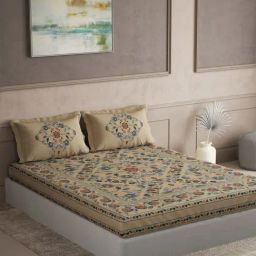 DDECOR Live beautiful Beige Cotton Ethnic 145 TC Double Flat Bedsheet with 2 Pillow Covers-image-73