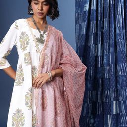 Taavi Ethnic Motifs Printed Pure Cotton Sanganeri A-Line Kurta With Palazzos & Dupatta-picture-7