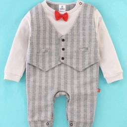 Mini Taurus Cotton Full Sleeves Striped Party Rompers with Waistcoat and Bow Applique - Grey-image-15