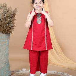 Aww Hunnie Sleeveless Gota Laced Work Embellished Kurta With Pocket & Palazzo - Magenta Pink-image-92