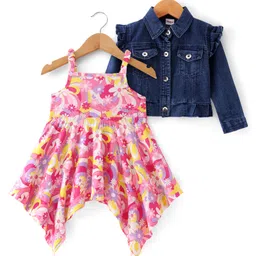 Babyhug Knit Full Sleeves Jacket with Singlet Floral Printed Frock  - Pink & Blue-picture-22