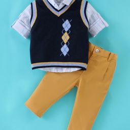 ToffyHouse 100% Cotton Woven Full Sleeves Striped Shirt & Trouser Set With Sweater - Yellow-picture-37