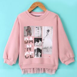 Little Kangaroos Full Sleeves Drop Shoulders Mesh Detailing & Ballerina Printed Sweatshirt - Dusty Pink-picture-22
