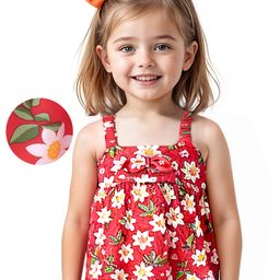 Babyhug Cotton Knit Sleeveless Top with Floral Print and Bow Detailing- Red-image-73