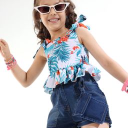 Ollington St. 100% Cotton Knit Sleeveless Floral Print Top and Denim Shorts - Pink & Indigo-image-18