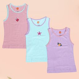 Ooka Baby Soft Cotton Jersey Pack of 3 Sleeveless Bugs & Bees Printed Vests - Purple Pink & Light Green-image-30