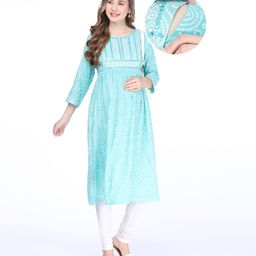 Bella Mama Three Fourth Sleeves Embroidered Yoke Maternity Kurta Bandhani Print - Blue-picture-17