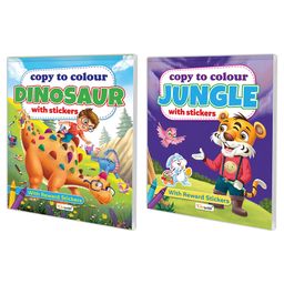 Copy to Colour Dinosaurs and Copy to Jungle with Stickers book for kids (Ages 3-12) : Copy to colour book, Kids colouring book, Coloring adventure fun for kids | Pack of 2 copy to colour book for kids with Stickers.-0