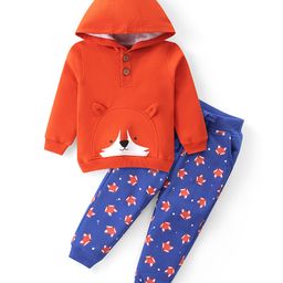 Babyhug Cotton Knit Full Sleeves Hooded T-Shirt & Lounge Pants Set With Fox Print & Applique - Neon Orange & Blue-image-50