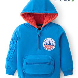 Babyoye 100% Cotton Knit Full Sleeves Hooded Sweatshirt with Attached Pouch & Embossed Text - Blue-image-15