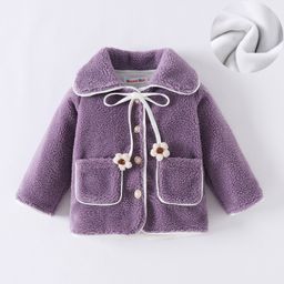 Kookie Kids Full Sleeves Winter Wear Collared Fur Jacket with Floral Draw Coard & Pockets - Lilac-image-59