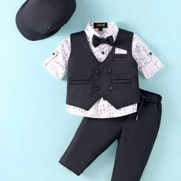 Robo Fry Lycra Knit Full Sleeves Printed 3 Piece Party Suit with Bow & Hat - Black-image-97