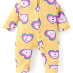 Babyhug Cotton Knit Full Sleeves Sleep Suit With Hearts Print - Mustard-image-72