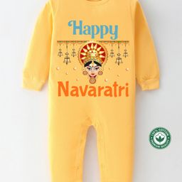 BLUSHES Navaratri Theme 100% Cotton Full Sleeves Happy Navaratri Text Printed Romper - Yellow-picture-4