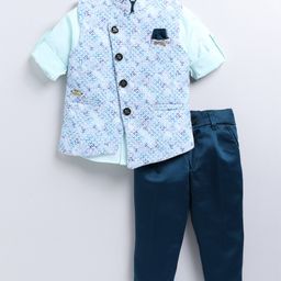 LITTLE COLLARS Full Sleeves Solid Shirt With Trousers & Abstract Embroidered Jacket - Rama Green-image-52
