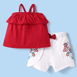 Babyhug Single Jersey Knit Singlet Off Shoulder Sleeves Solid Top & Shorts Set With Floral Embroidery & Bow Applique - Red & White-picture-35