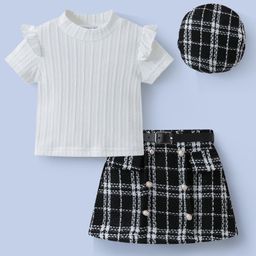 Mark & Mia Half Sleeves Textured Top & Checks Skirt Set - White & Black-image-2