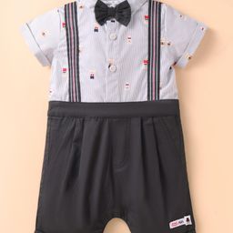 Simply Premium Cotton Woven Half Sleeves Party Romper with Stripes Teddy Print & Bow - Blue & Navy Blue-image-13