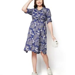 Bella Mama Women WovenThree Fourth Sleeves Shirt Maternity DressWith Floral Print - Navy Blue-picture-19