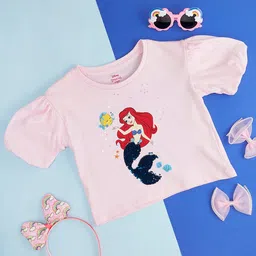 Pantaloons Junior Cotton Disney The Little Mermaid Featuring Half Balloon Sleeves Ariel Printed Top - Pink-picture-19