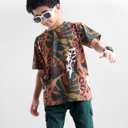 OLLINGTON ST. Cotton Half Sleeves Leaves Printed T-Shirt & Shorts Set - Multicolor & Green-image-43