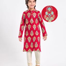 EARTHY TOUCH Single Jersey Knit Full Sleeves Printed Kurta Pajama Set - Red & White-image-78