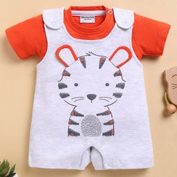 Wonderchild Interlock Woven Animal Embroidered Romper With Half Sleeves Tee - Cherry & Light Grey-image-54