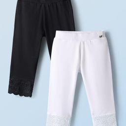 Honeyhap Premium Cotton Elastane Knit Three Fourth Leggings With Bio Finish & Lace Detailing Pack of 2 - Black Beauty & Bright White-picture-20